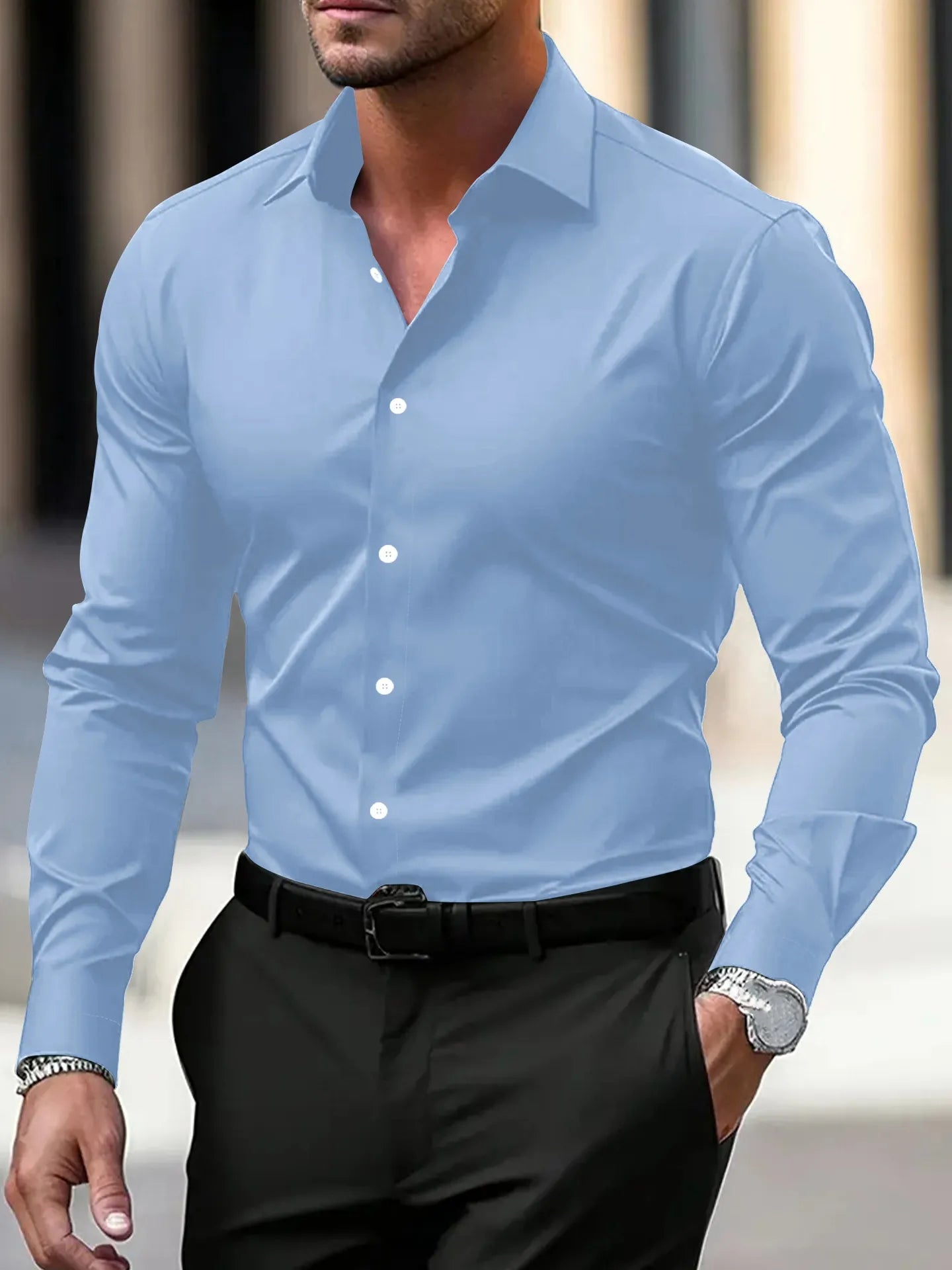 Men's Shirt Business Button Down Shirt Summer Solid Color Long Sleeve Lapel Vacation Shirt Fashion Temperament Casual Tops